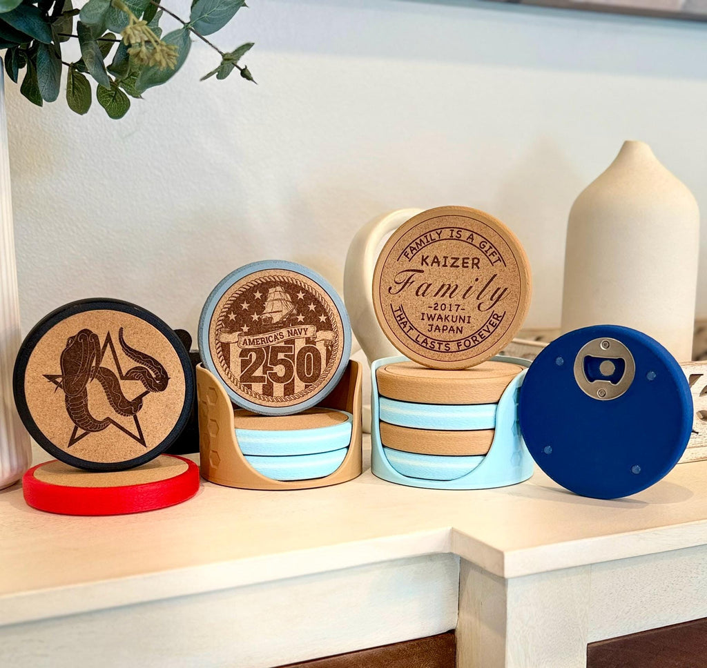 Custom Engraved Coaster Set: 3D Printed, Magnetic Bottle Opener, USA Made