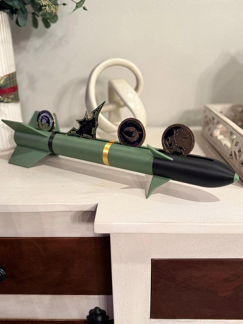 AIM-9M Sidewinder Missile Challenge Coin Display Holder – Military Decor, Veteran Gift, Customizable Coin Stand