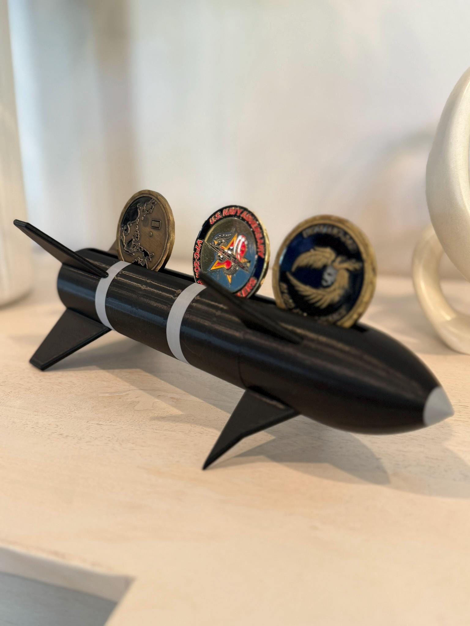 AIM-9M Sidewinder Missile Challenge Coin Display Holder – Military Decor, Veteran Gift, Customizable Coin Stand