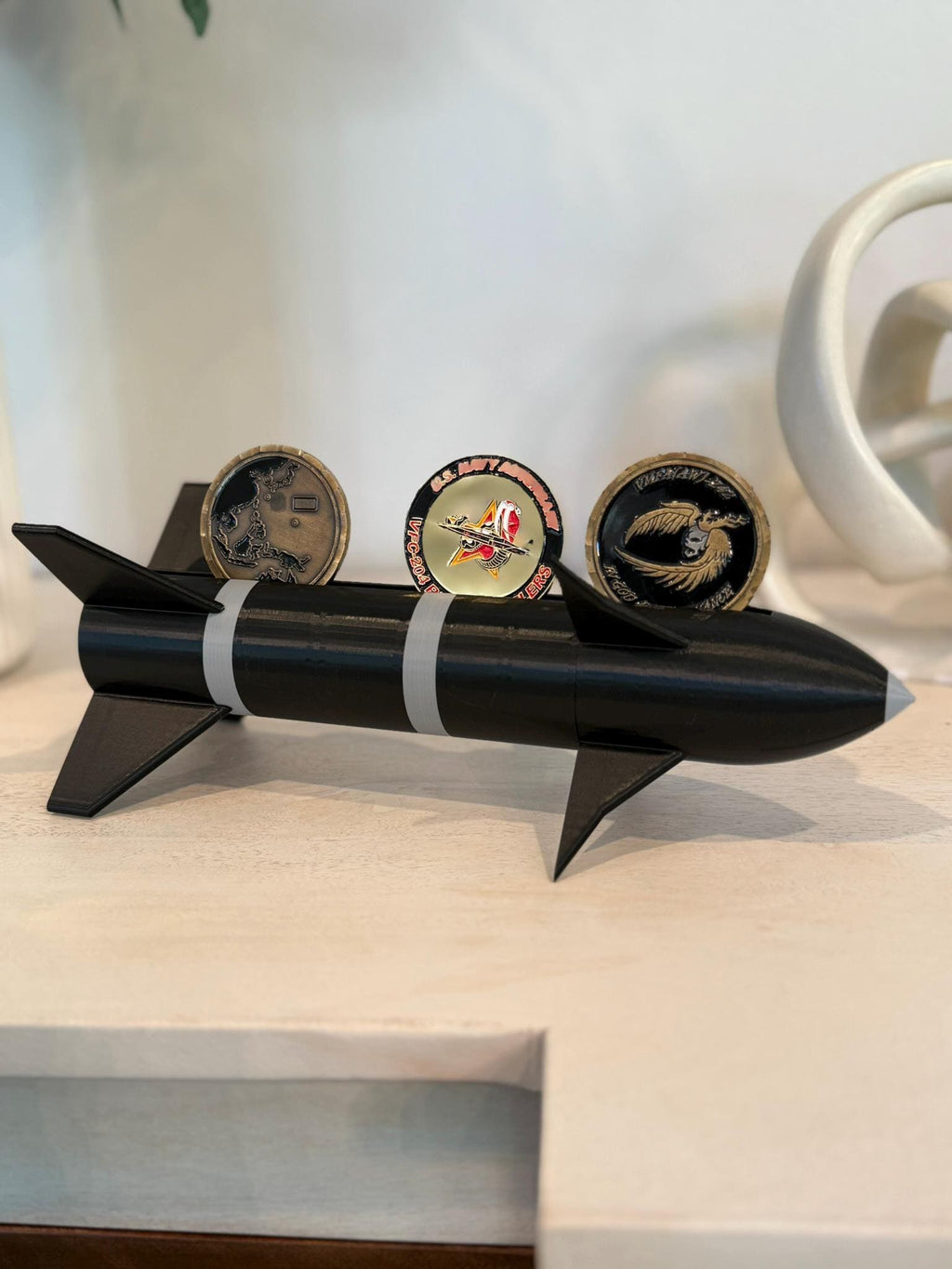 AIM-9M Sidewinder Missile Challenge Coin Display Holder – Military Decor, Veteran Gift, Customizable Coin Stand