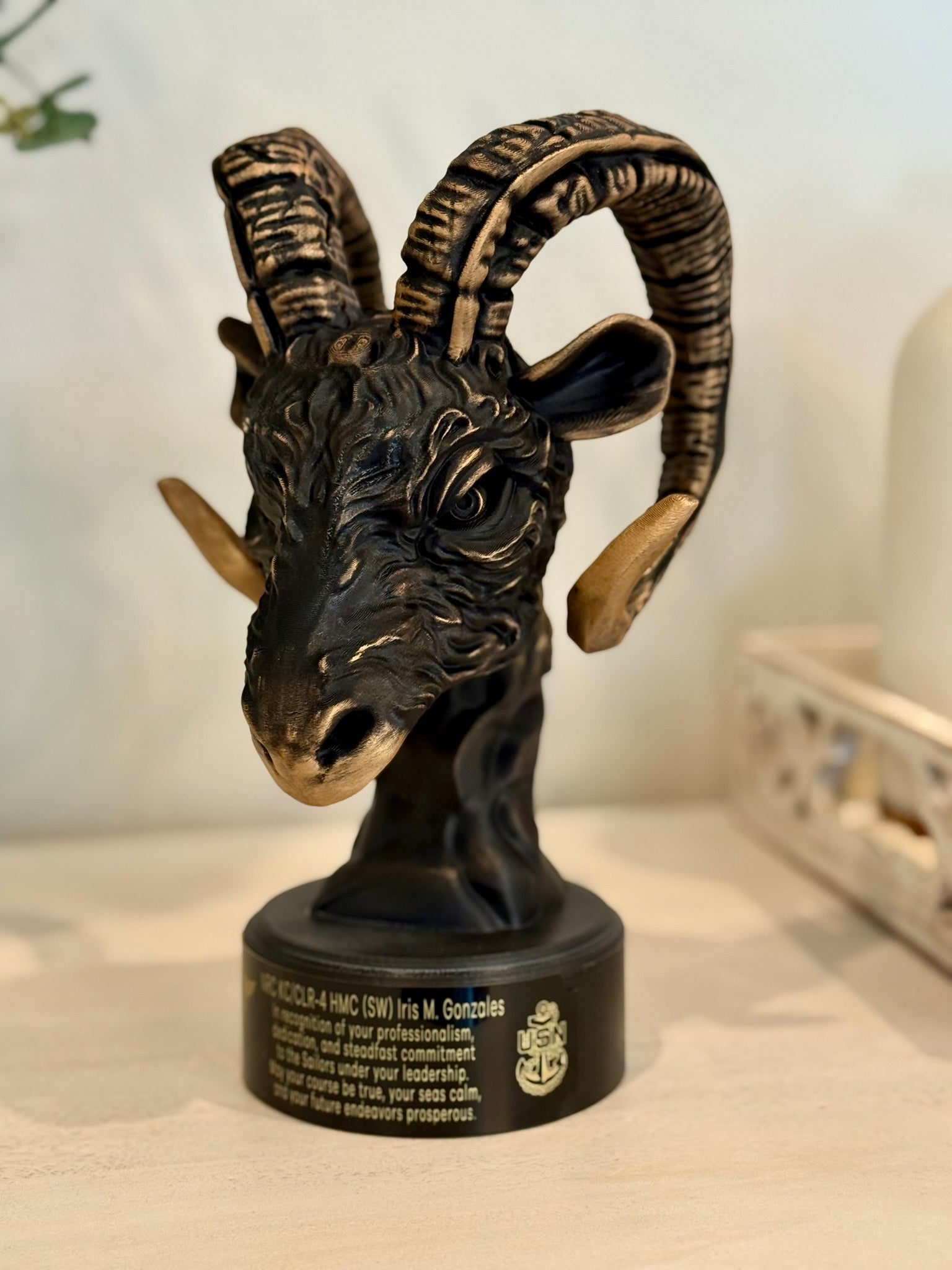 Custom Navy Chief Goat Head Sculpture: Hand-Painted USN Retirement Gift