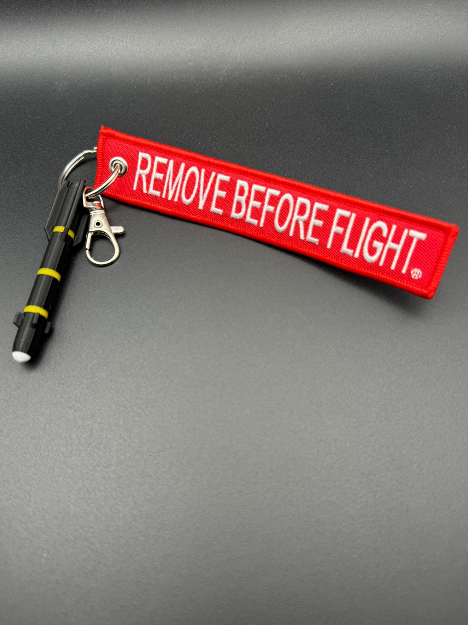 Hellfire Missile Keychain: 3D Printed Aviation Gift with Remove Before Flight Tag